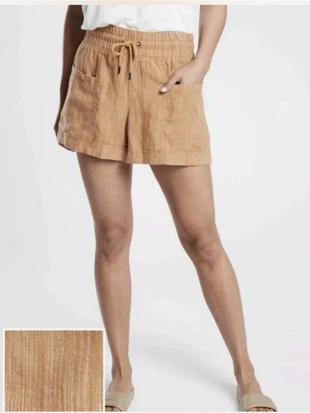 Athleta Cabo Linen 4” Tan Drawstring Linen-Blend Athletic Shorts Size 6